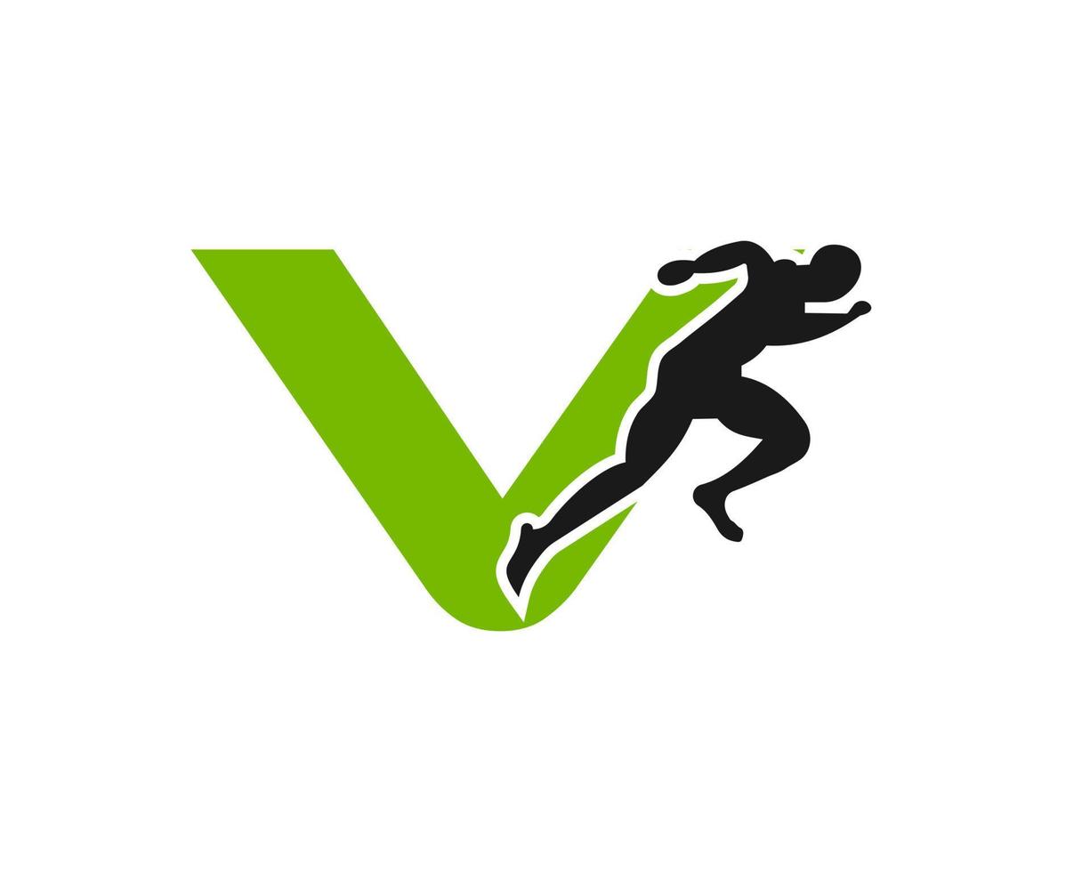 logo de la lettre v de l'homme en cours d'exécution de sport. modèle de logo running man pour logo marathon vecteur