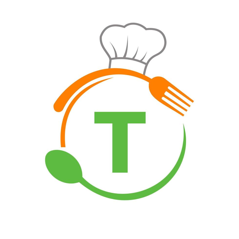 logo lettre t avec chapeau de chef, cuillère et fourchette pour le logo du restaurant. logo de restaurant vecteur