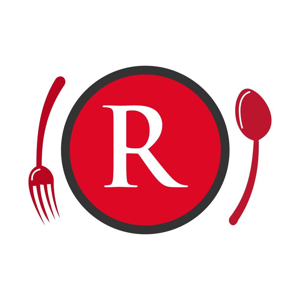 logo du restaurant sur la lettre r cuillère et fourchette concept vecteur