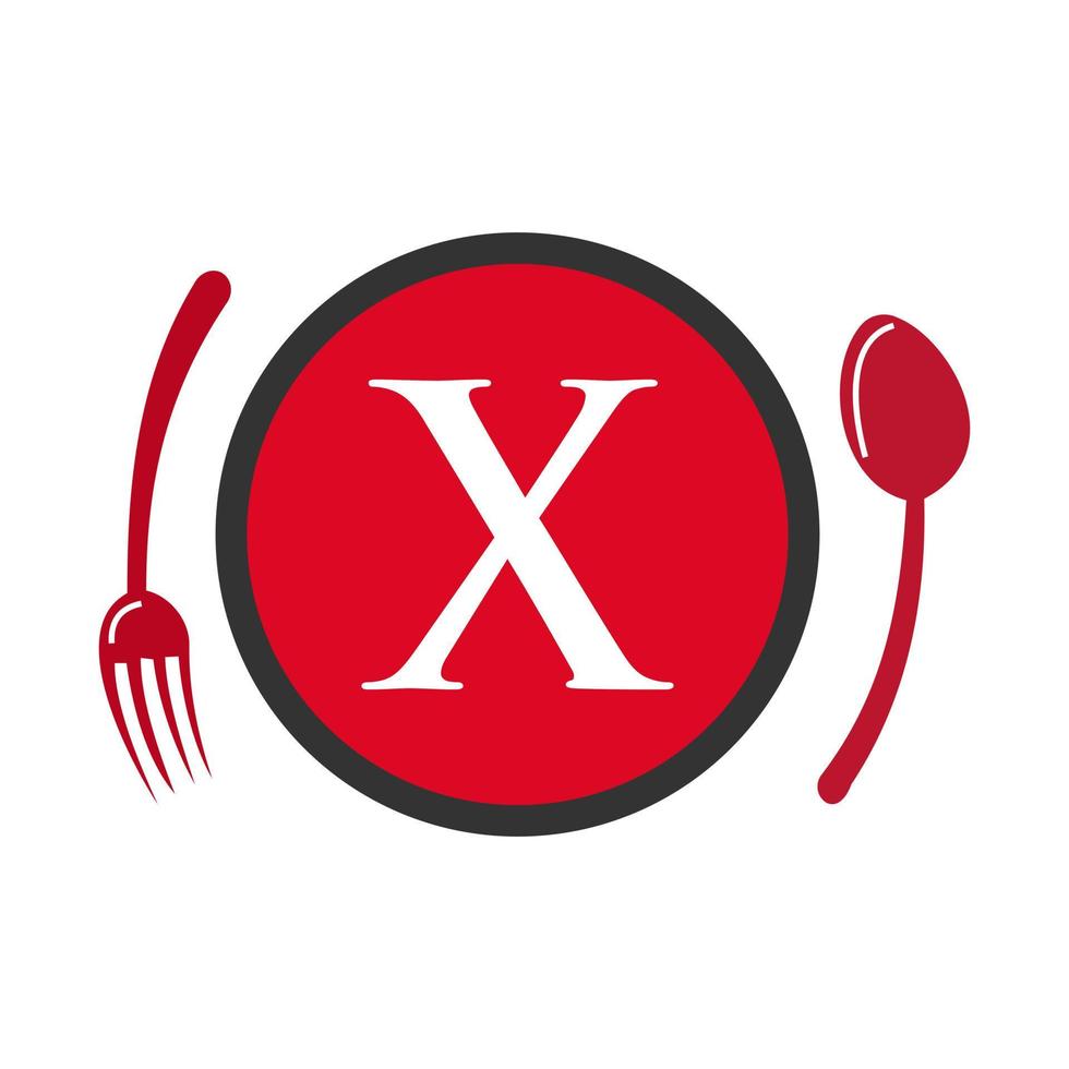 logo du restaurant sur le vecteur de concept lettre x cuillère et fourchette