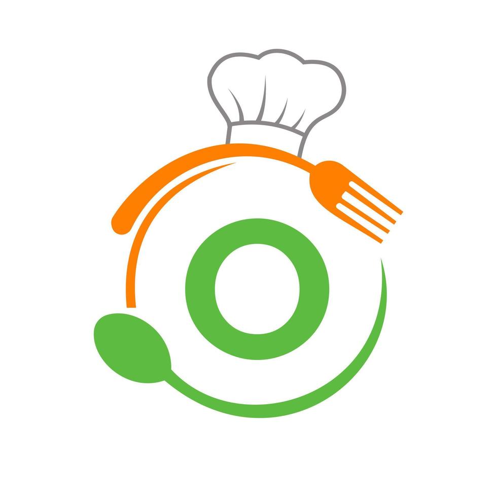 logo lettre o avec chapeau de chef, cuillère et fourchette pour le logo du restaurant. logo de restaurant vecteur