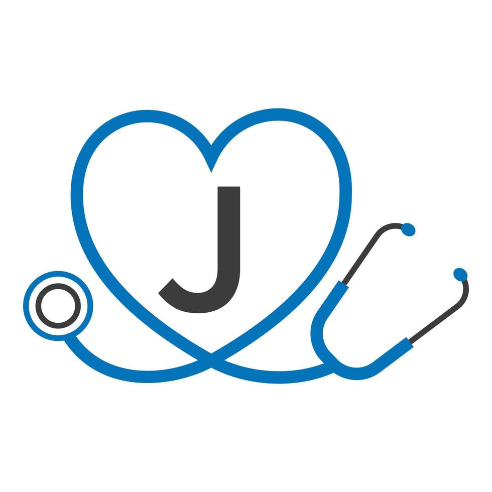 logo médical sur le modèle de lettre j. logo de médecins avec vecteur de signe de stéthoscope