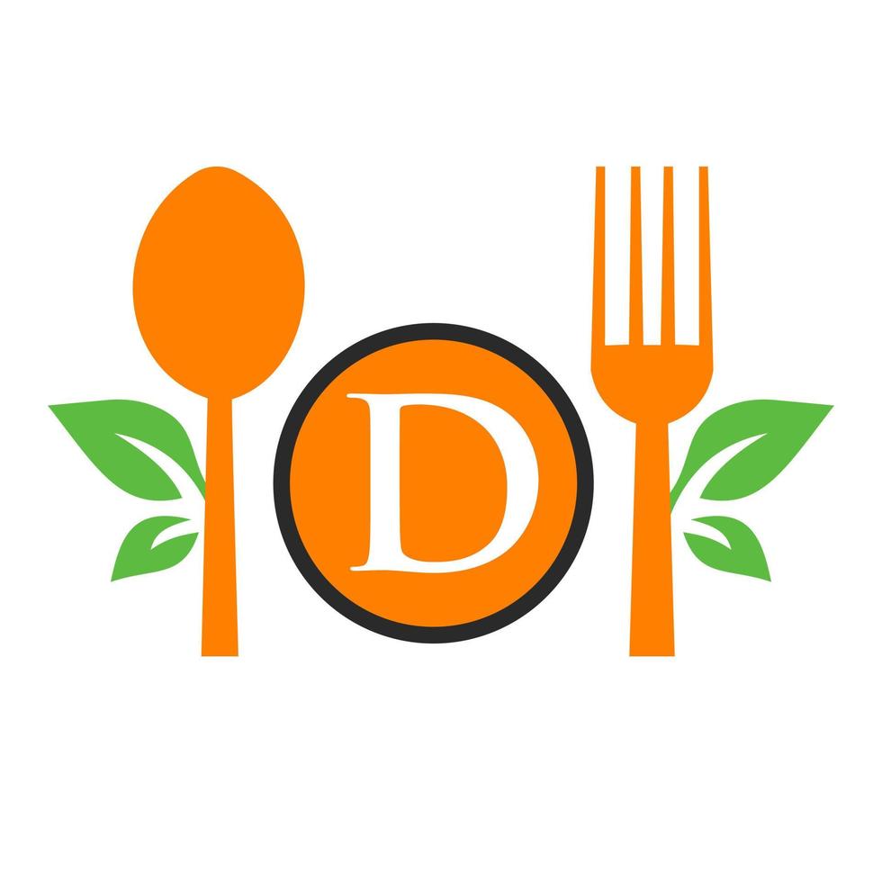 logo du restaurant sur le modèle de lettre d. cuillère et fourchette, symbole de feuille pour signe de cuisine, icône de café, restaurant, image vectorielle d'entreprise de cuisine vecteur