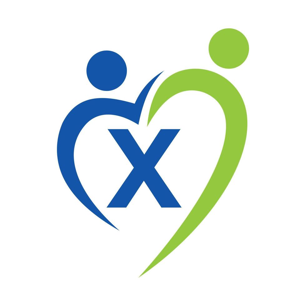logo de soins communautaires sur le modèle vectoriel lettre x. travail d'équipe, cœur, personnes, soins familiaux, logos d'amour. fondation caritative signe de don de charité créatif