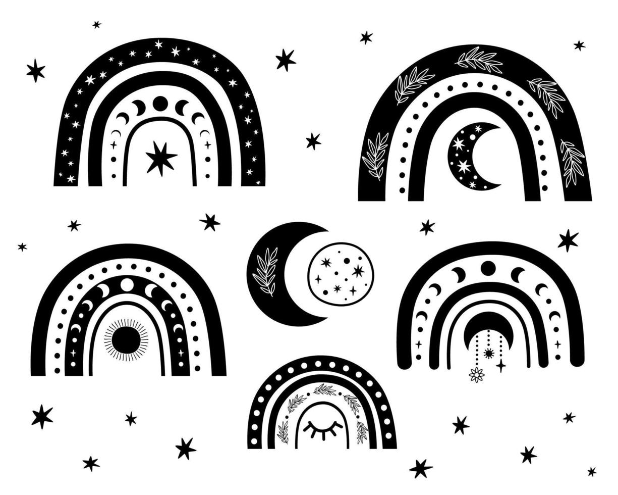 ensemble d'arcs-en-ciel mignons pour bébé. conception de clipart arc-en-ciel doodle. arcs-en-ciel magiques sélestes, lune, phase de lune, étoiles illustration graphique isolée. éléments décoratifs de douche de bébé. vecteur d'arcs-en-ciel pour enfants noirs.