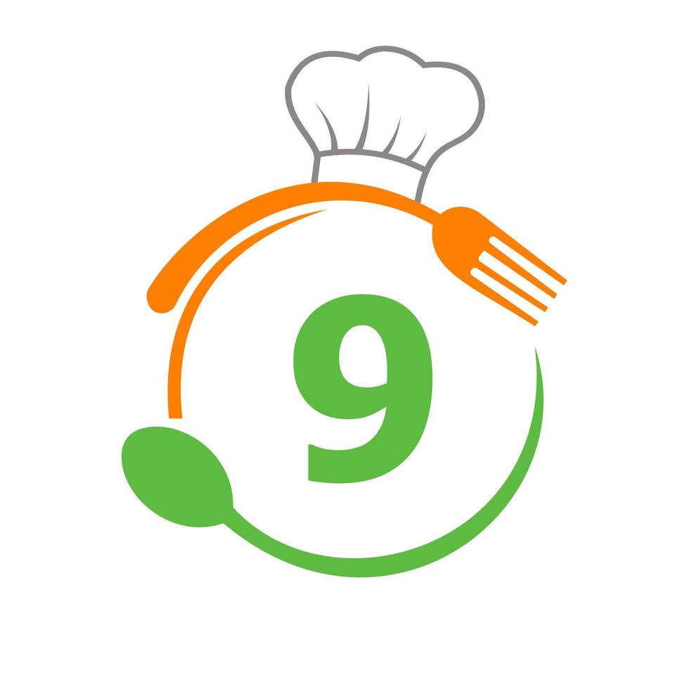 logo de la lettre 9 avec chapeau de chef, cuillère et fourchette pour le logo du restaurant. logo de restaurant vecteur