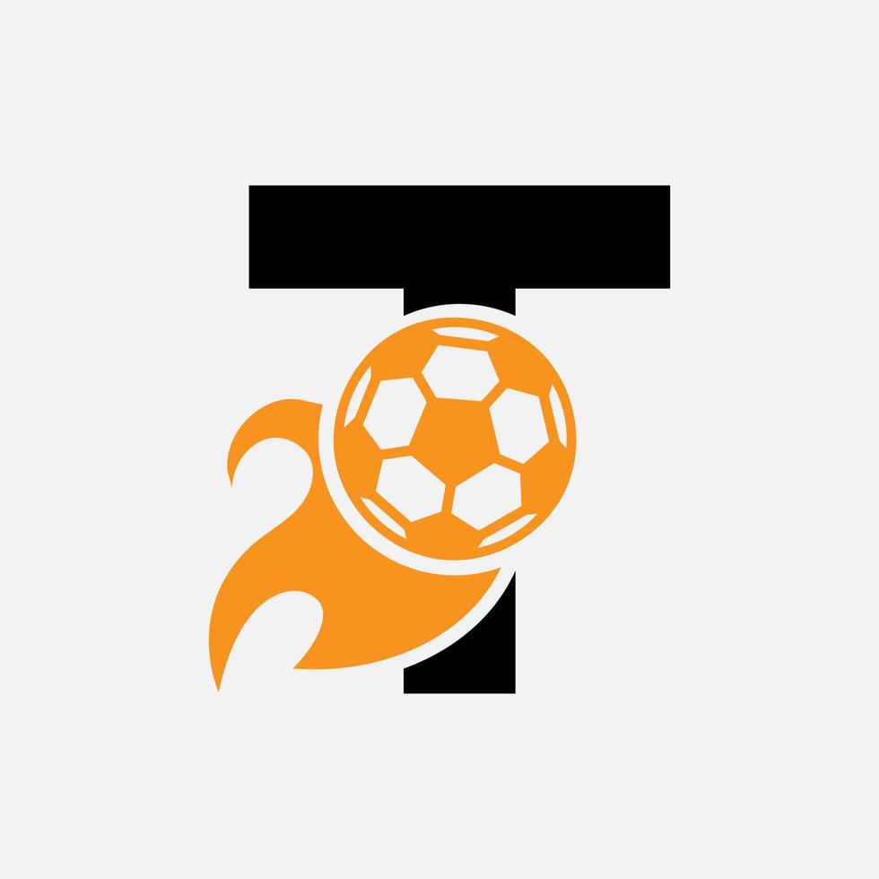 concept de logo de football lettre initiale t avec icône de football en mouvement et symbole de feu. modèle de vecteur de logo de football