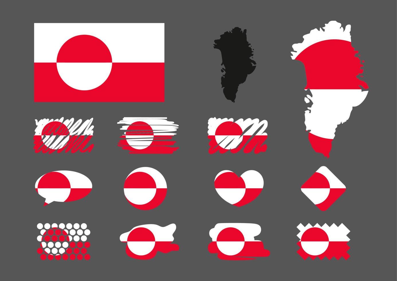 jeu de drapeau du groenland. carte. coeur, forme de bouton, losange, cercle, parler nuage. vecteur