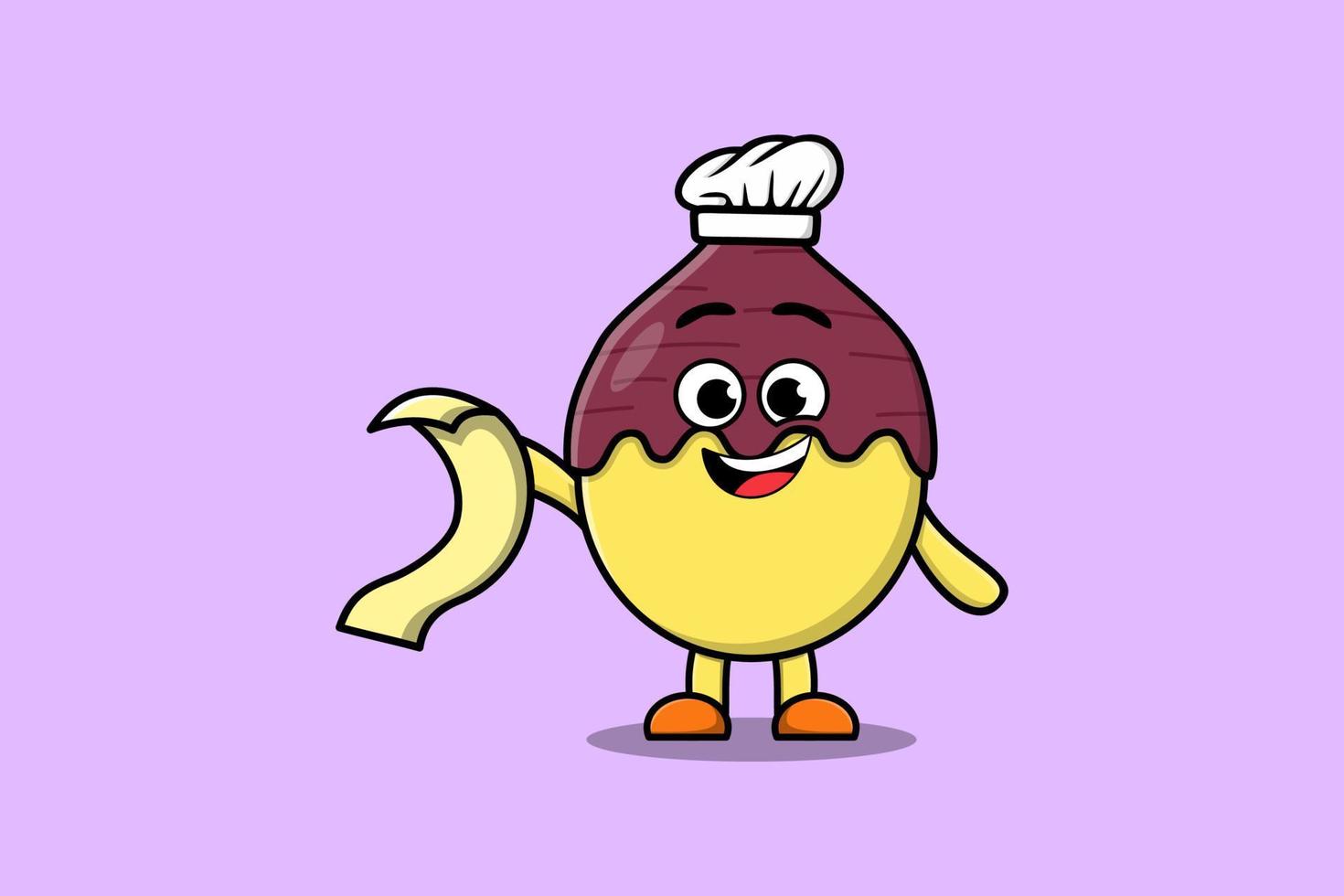 personnage de chef de patate douce de dessin animé mignon avec menu vecteur