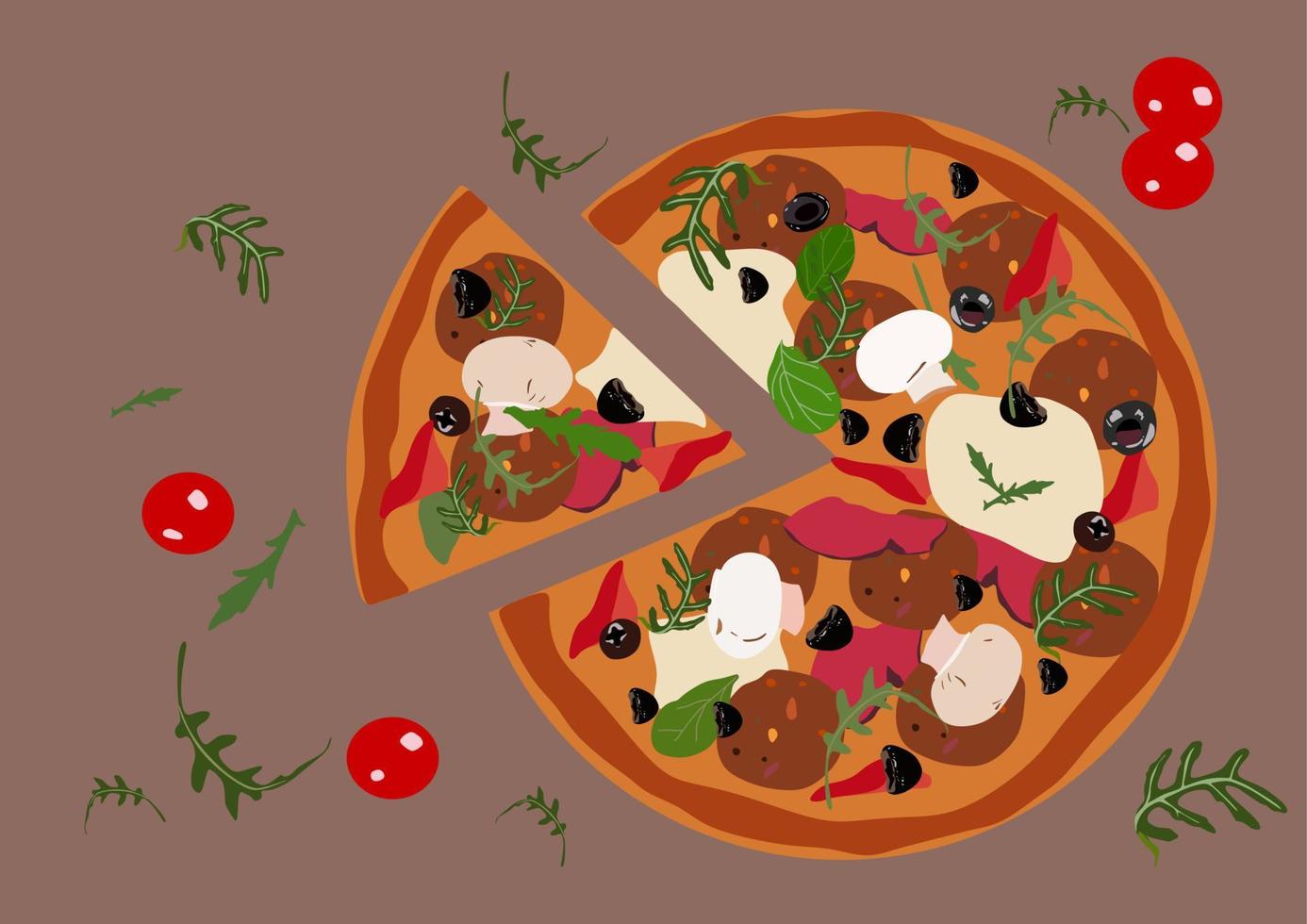 pizza aux feuilles de basilic, tomates, sauce, fromage mozzarella, champignons et olives noires. vecteur