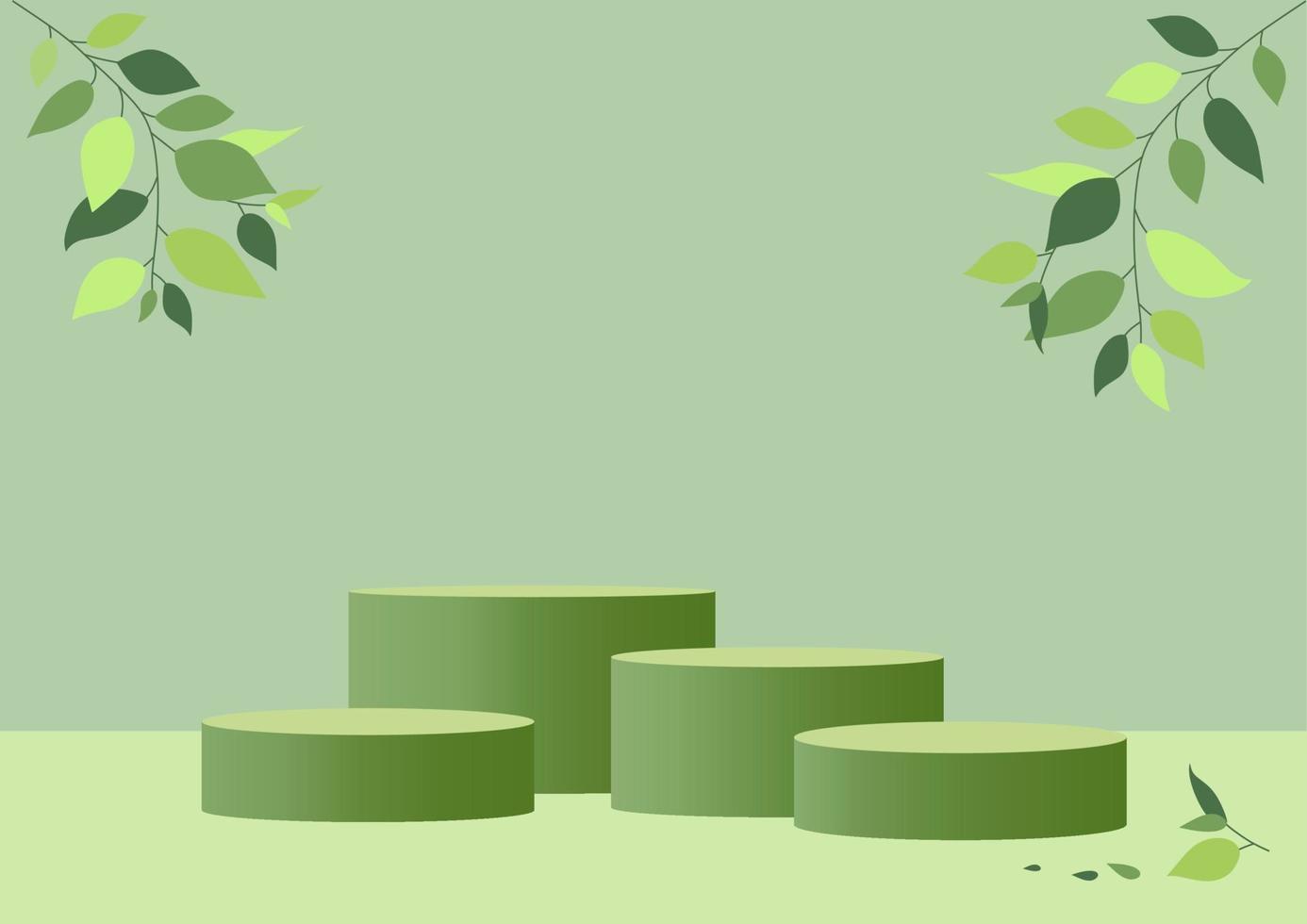 scène minimale abstraite avec quatre formes géométriques. podiums cylindriques sur fond vert avec des feuilles de plantes vertes. présentation de produit, produit d'exposition, podium, socle de scène, plate-forme. maquette de vecteur 3d.