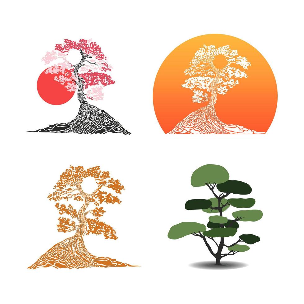 ensemble de bonsaï japonais. icône arbre et soleil. illustration vectorielle silhouette bonsai sur fond blanc isolé. écologie, nature, concept bio. coucher de soleil avec la silhouette des arbres. modèle de conception. vecteur