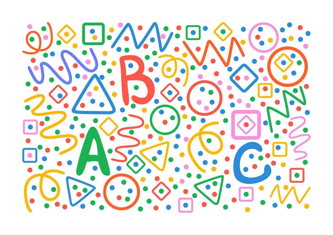 motif coloré. cercles, triangles, serpentine, points, carrés, losange et zigzag. lettres abc. retour à l'école. fond de forme de doodle de ligne colorée amusante. vecteur