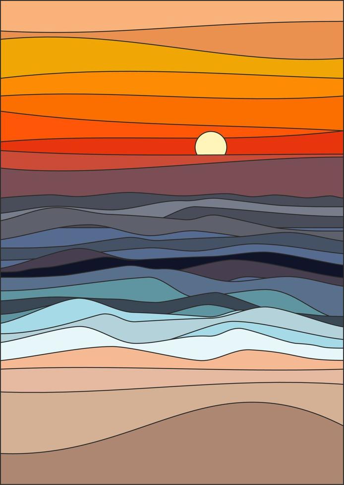 mise en page du coucher du soleil, de la mer, du sable et du ciel dans un style oriental. arrière-plan japonais avec vecteur de motif d'onde de ligne. modèle abstrait avec motif géométrique.