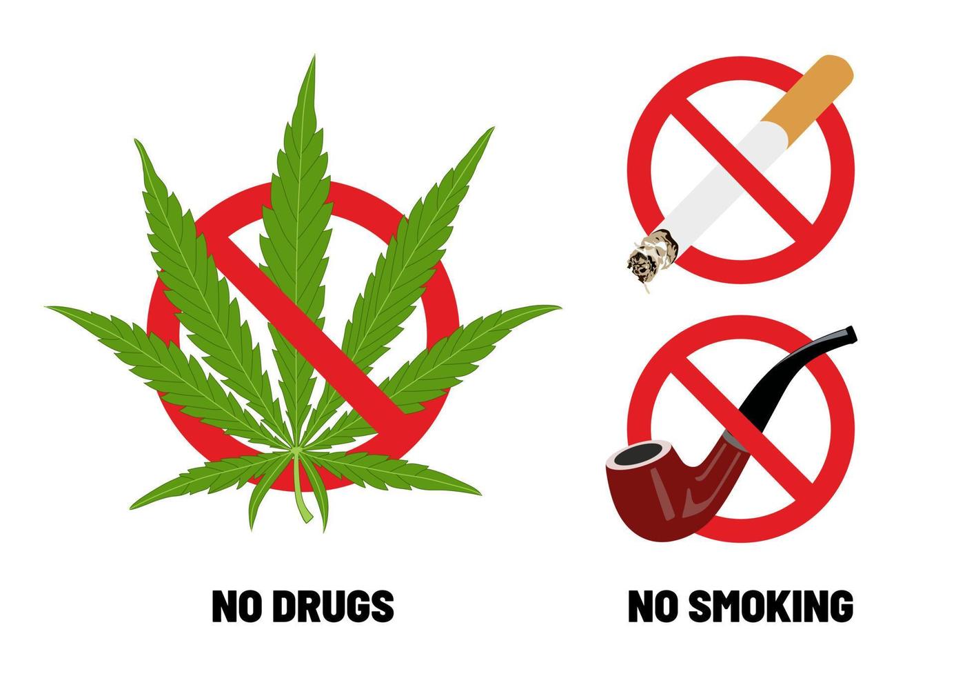 interdire les signes vectoriels non fumeur, pas de drogue, pas de cannabis, pas de pipe à fumer. arrêtez le panneau rouge. ensemble ou collection. affiche. vecteur