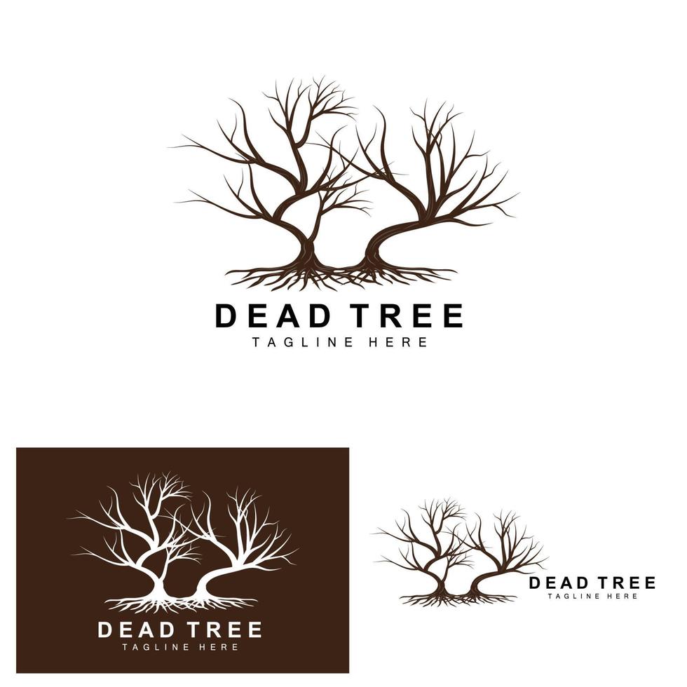 création de logo d'arbre, illustration d'arbre mort, coupe d'arbre sauvage, vecteur de réchauffement climatique, sécheresse de la terre, icônes de marque de produit