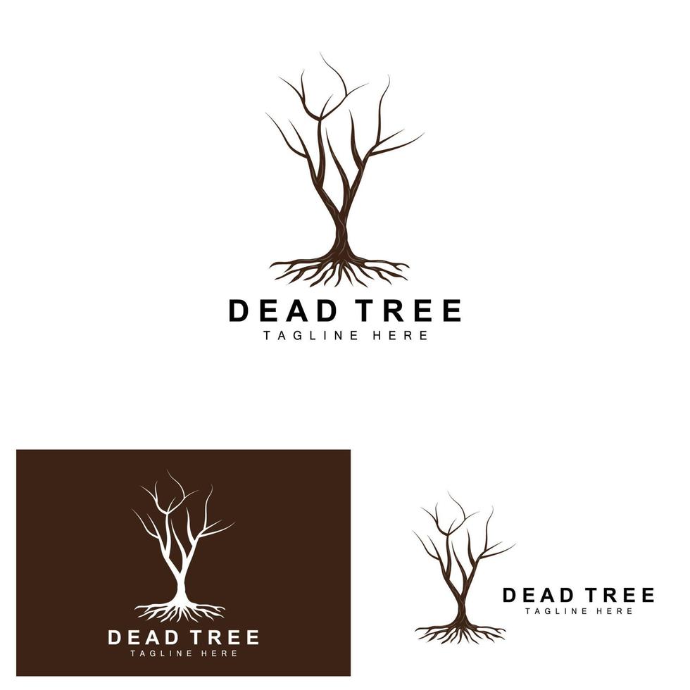 création de logo d'arbre, illustration d'arbre mort, coupe d'arbre sauvage, vecteur de réchauffement climatique, sécheresse de la terre, icônes de marque de produit