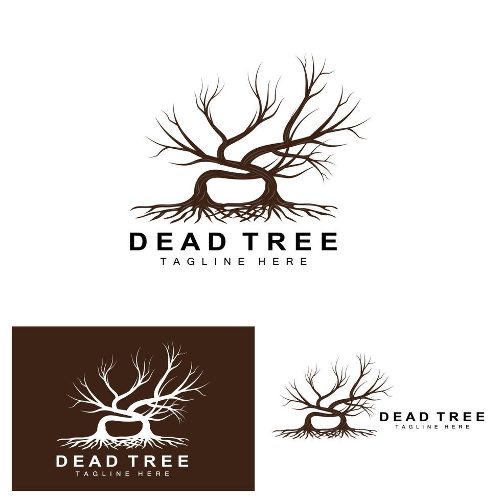 création de logo d'arbre, illustration d'arbre mort, coupe d'arbre sauvage, vecteur de réchauffement climatique, sécheresse de la terre, icônes de marque de produit