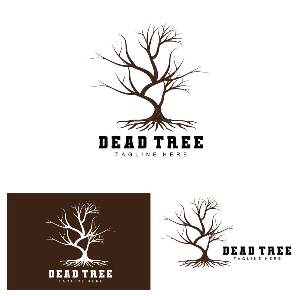 création de logo d'arbre, illustration d'arbre mort, coupe d'arbre sauvage, vecteur de réchauffement climatique, sécheresse de la terre, icônes de marque de produit