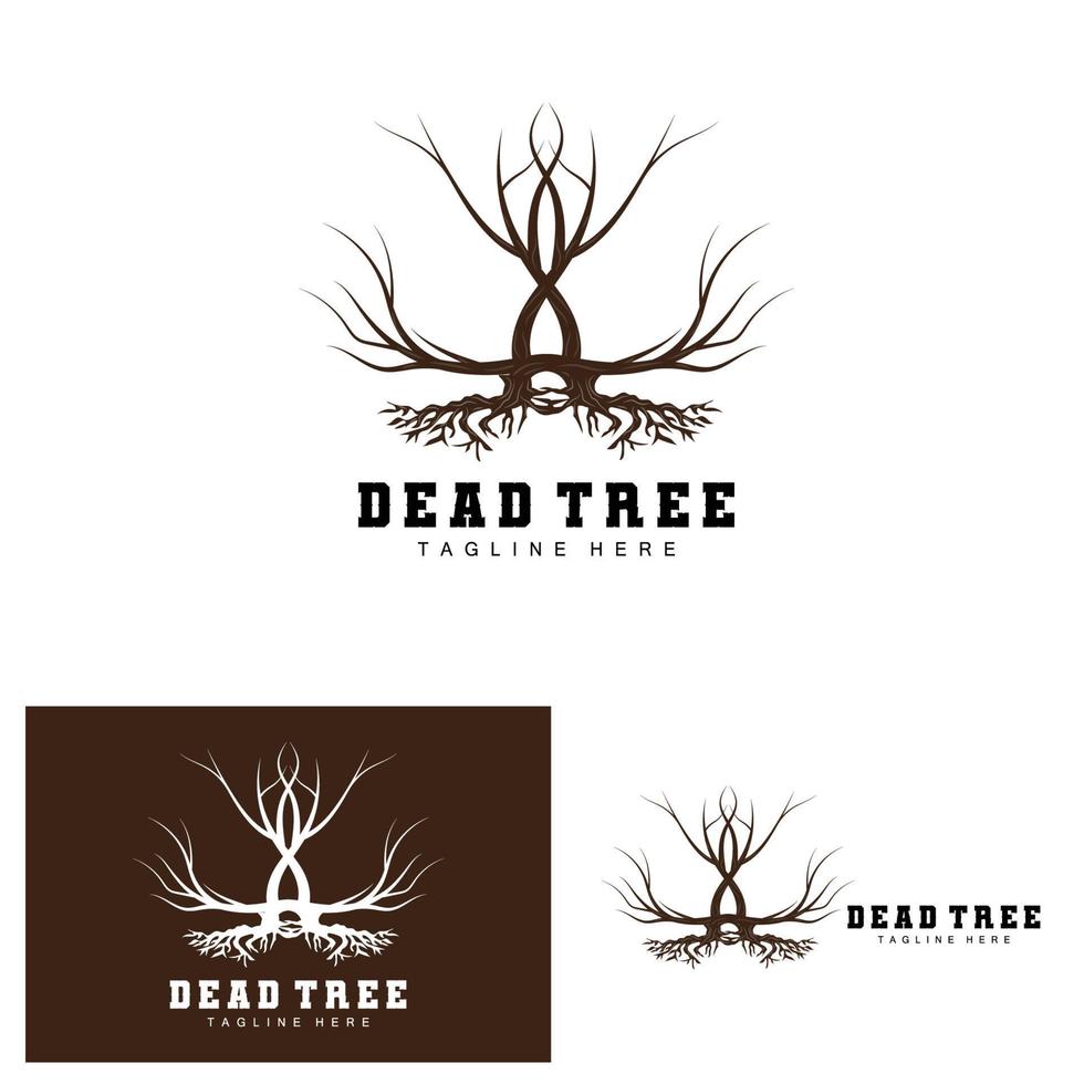 création de logo d'arbre, illustration d'arbre mort, coupe d'arbre sauvage, vecteur de réchauffement climatique, sécheresse de la terre, icônes de marque de produit