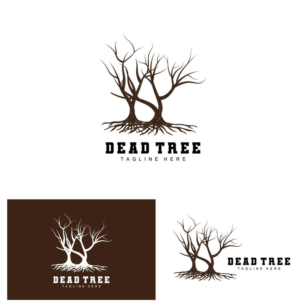 création de logo d'arbre, illustration d'arbre mort, coupe d'arbre sauvage, vecteur de réchauffement climatique, sécheresse de la terre, icônes de marque de produit