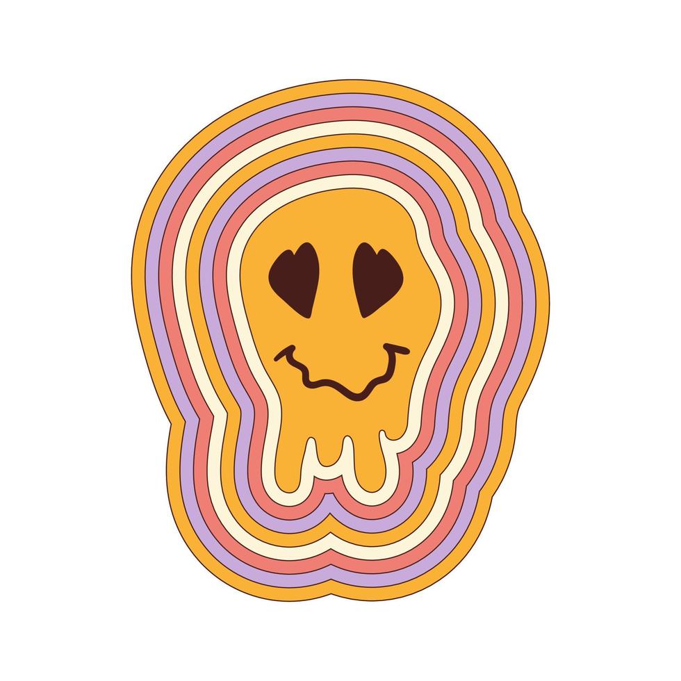 visage souriant rétro groovy fondant avec fond arc-en-ciel dans le style des années 60, 70. illustration vectorielle vecteur