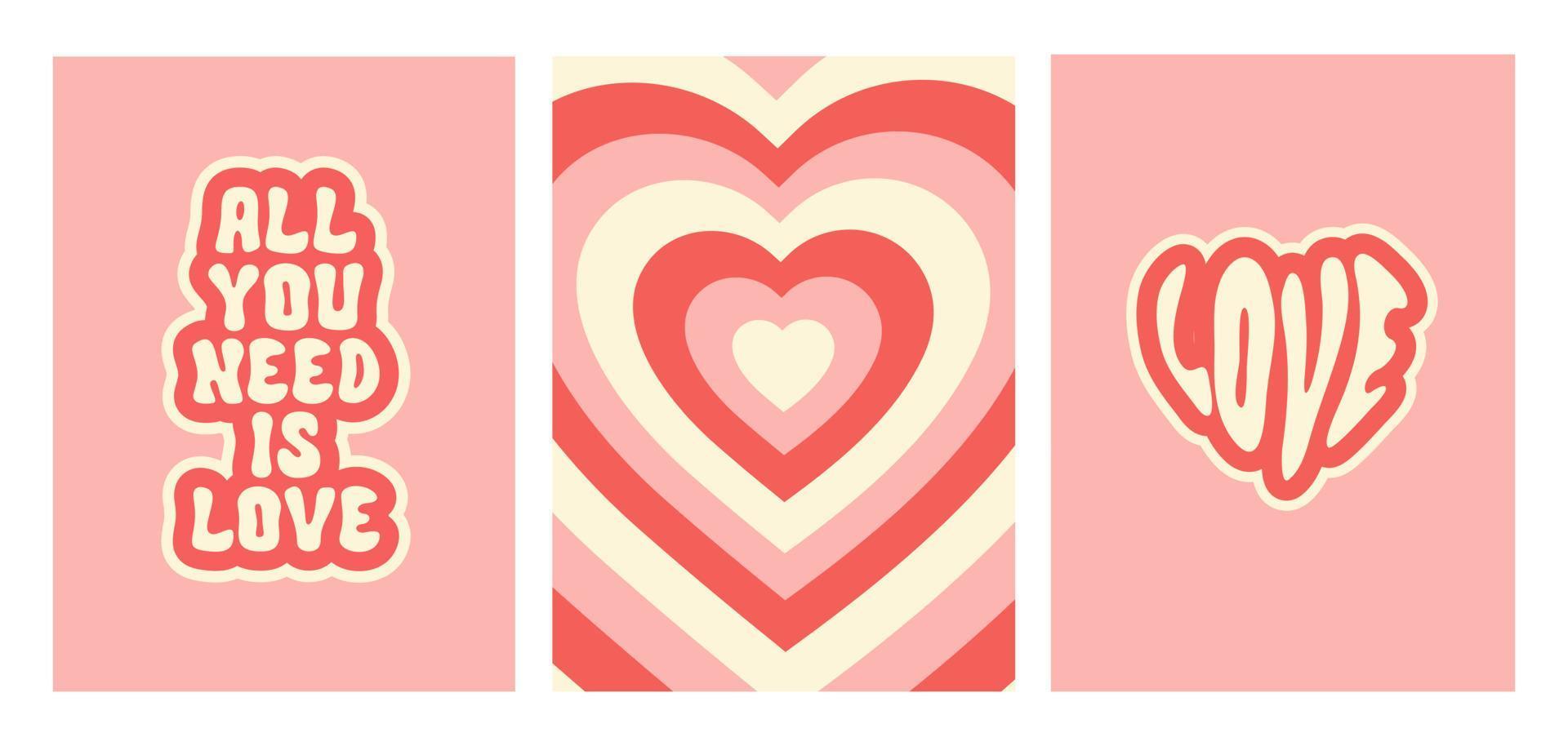 affiches de jeu romantiques groovy. arrière-plans à la mode dans le style rétro des années 60, 70. carte de voeux joyeuse saint valentin. illustration vectorielle vecteur