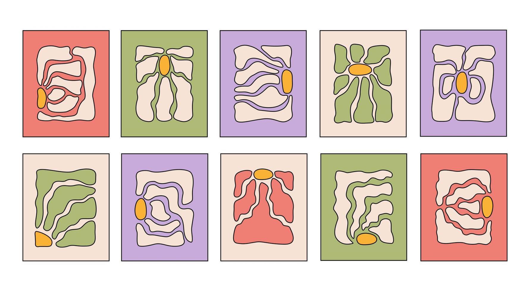 ensemble d'affiches rétro botaniques abstraites avec diverses fleurs groovy en fleurs. décor d'art naïf dans le style des années 60, 70. couleurs pastels. illustration vectorielle dessinée à la main à la mode vecteur