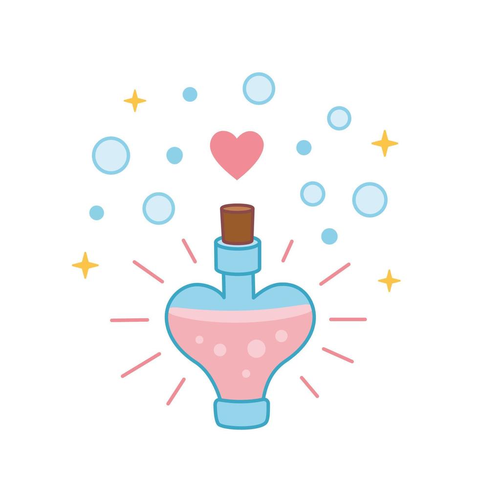 bouteille de potion d'amour magique dessinée à la main de vecteur avec des bulles. icône vectorielle pour la Saint Valentin. illustration de boisson magique. style de dessin animé doodle, design plat.