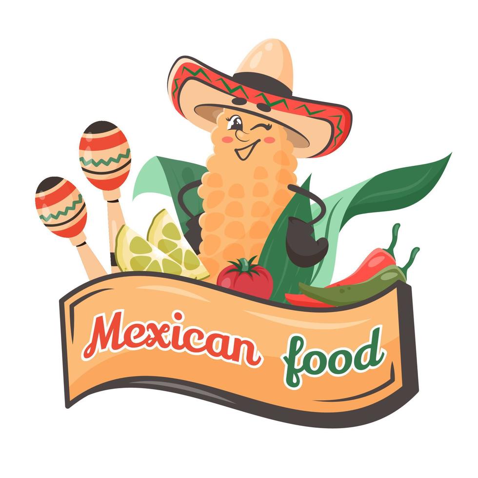 concept de cuisine mexicaine épicée. mignon personnage de bande dessinée maïs jaune avec sombrero, maracas, légumes. doodle illustration vectorielle dessinée pour les plats, le menu, l'affiche, le dépliant, la bannière, la livraison, le concept de cuisine vecteur