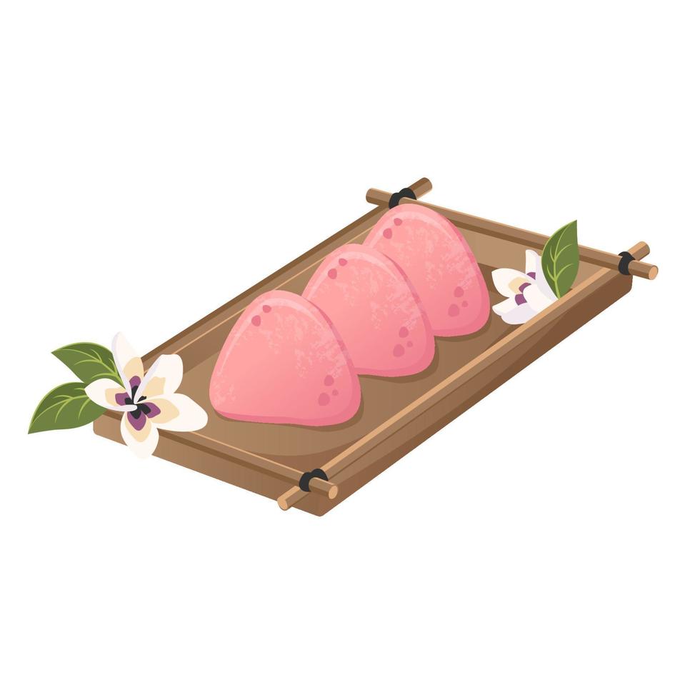 mochi rose avec des fleurs de sakura sur un plateau en bois.plat de riz japonais savoureux avec garniture aux fruits. illustration vectorielle dessinée à plat pour les plats de restaurant, le menu, le dessert, le concept de cuisine vecteur