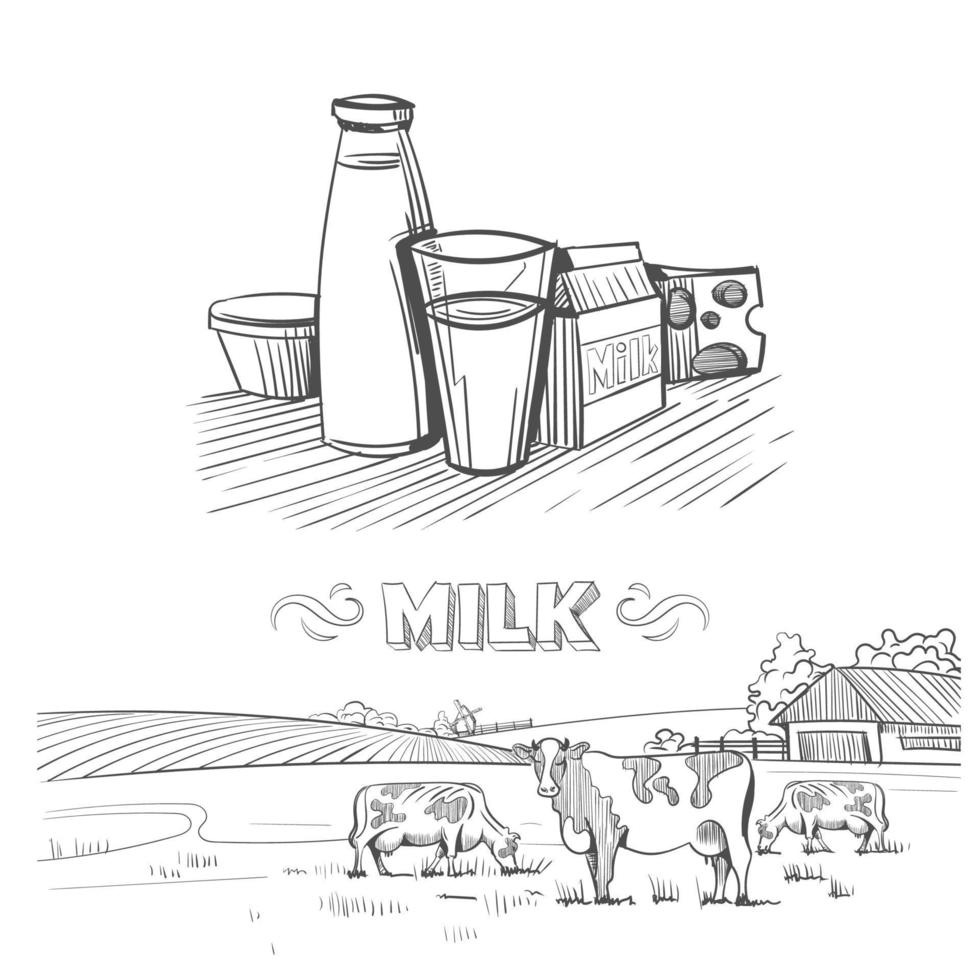 ensemble de dessins à la main sur le thème du lait. vecteur