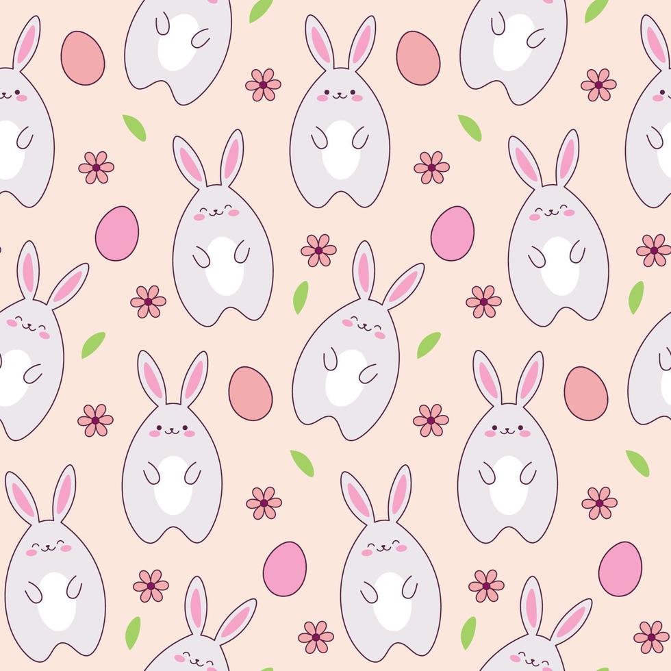 bannière de joyeuses pâques avec un joli lapin kawaii, des oeufs de pâques et des fleurs. modèle sans couture dessiné à la main avec lapin de dessin animé pour literie pour enfants, tissu, papier peint, papier d'emballage, textile, impression de t-shirt vecteur