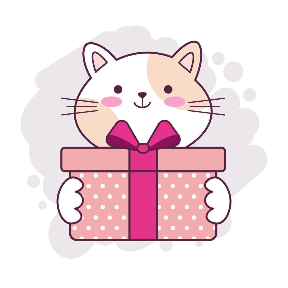 chat kawaii mignon tenant une boîte-cadeau. illustration de dessin animé dessiné à la main pour autocollant, carte de voeux, souhaits d'anniversaire, anniversaire, bonne saint valentin. vecteur