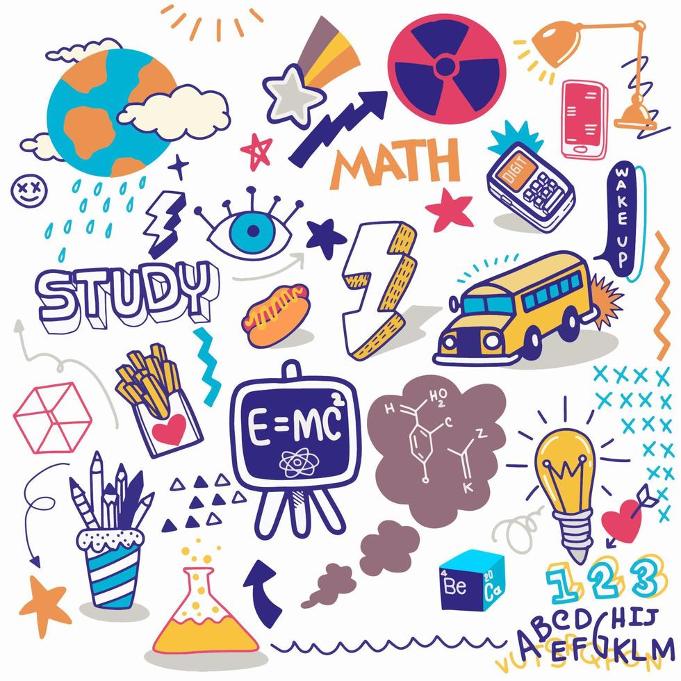 clipart de l'école. vecteur doodle icônes et symboles de l'école. tirage à la main