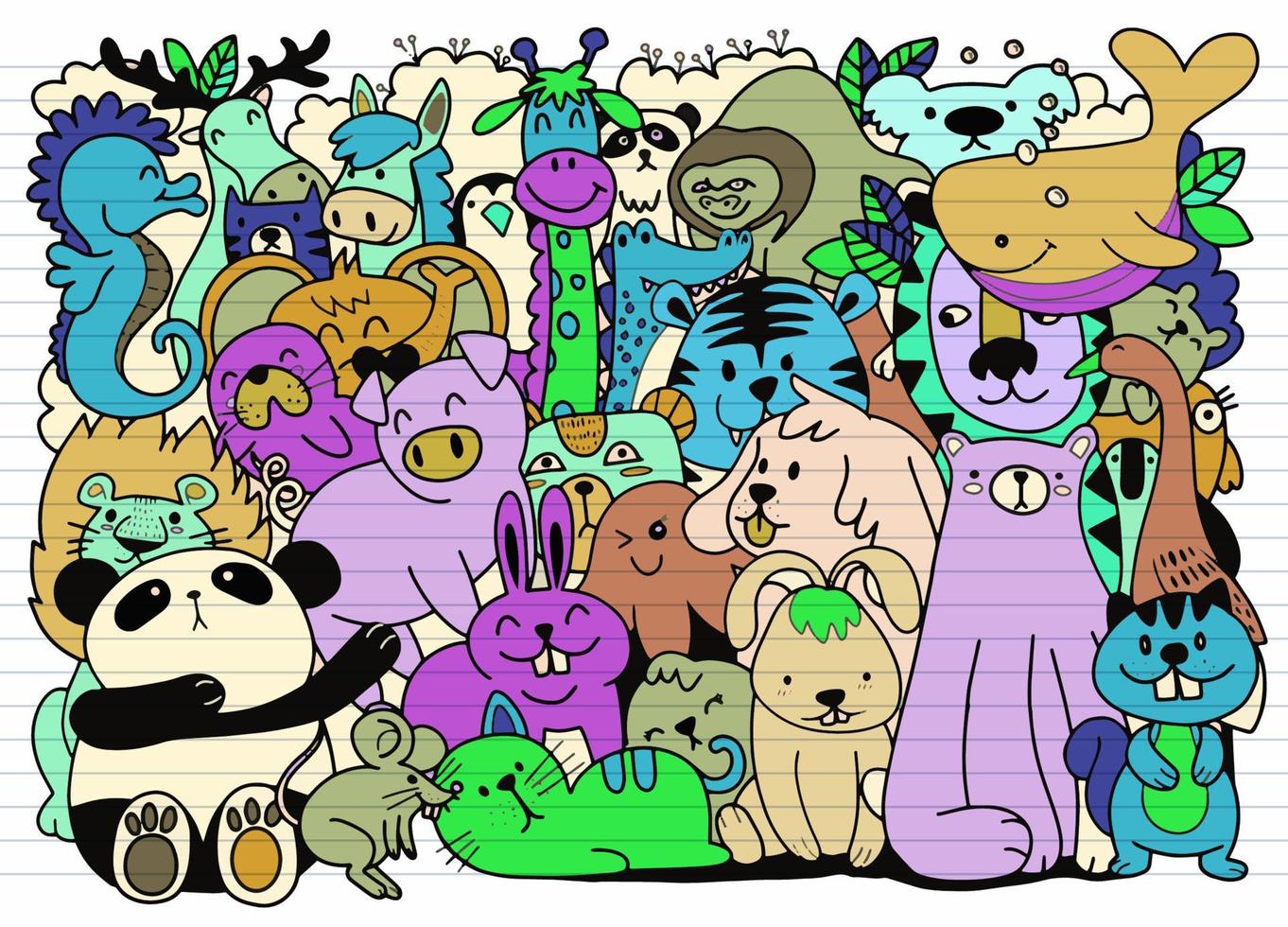 vecteur dessin animé grand ensemble d'animaux mignons doodle. parfait pour la chambre d'enfants de livre de bébé d'anniversaire de carte postale, illustration pour le livre de coloriage, chacun sur une couche séparée.