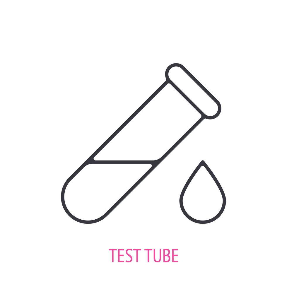 tube à essai avec goutte. icône de contour. illustration vectorielle. symboles de la recherche scientifique en laboratoire, de l'expérience chimique et de l'éducation. pictogramme en ligne mince pour l'interface utilisateur. fond blanc isolé vecteur