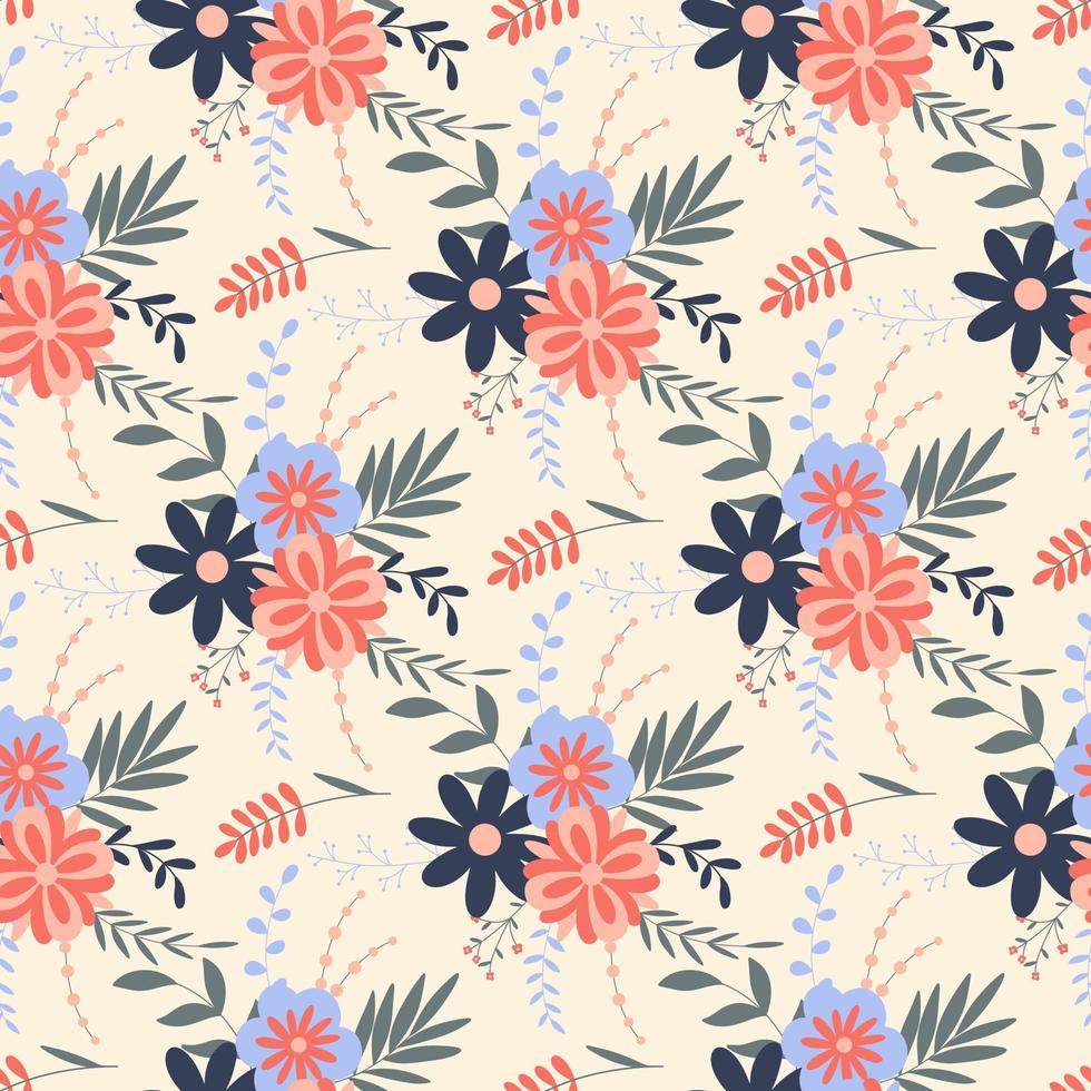 motif floral harmonieux de style doodle avec fleurs et feuillage vecteur