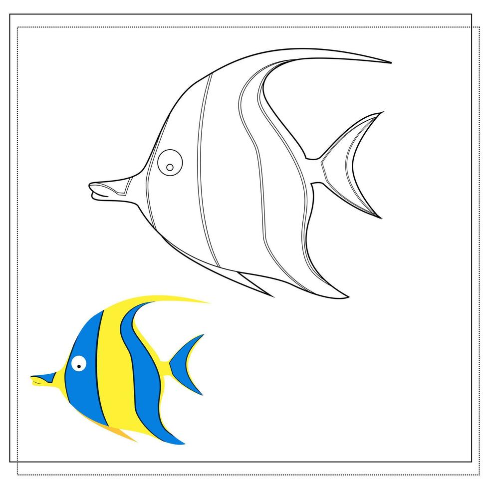 page d'un livre de coloriage, poisson bleu à rayures jaunes. version couleur et croquis. livre de coloriage pour enfants. illustration vectorielle isolée sur un motif blanc vecteur