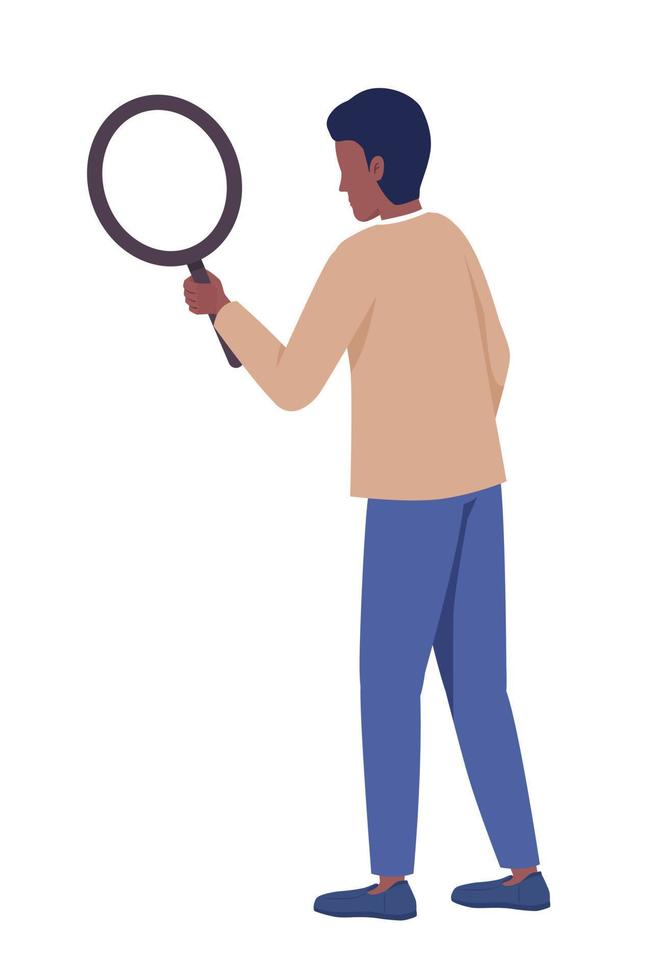 homme avec un grand personnage de vecteur de couleur semi-plat de loupe. chercheur d'emploi. responsable des ressources humaines. figure modifiable. personne de tout le corps sur blanc. illustration de style dessin animé simple pour la conception graphique et l'animation web