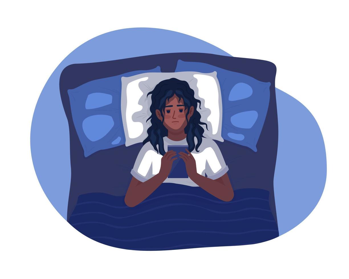 passer du temps au téléphone avant de dormir illustration vectorielle 2d isolée. adolescente allongée avec un personnage plat de smartphone sur fond de dessin animé. scène modifiable en couleur pour mobile, site Web, présentation vecteur