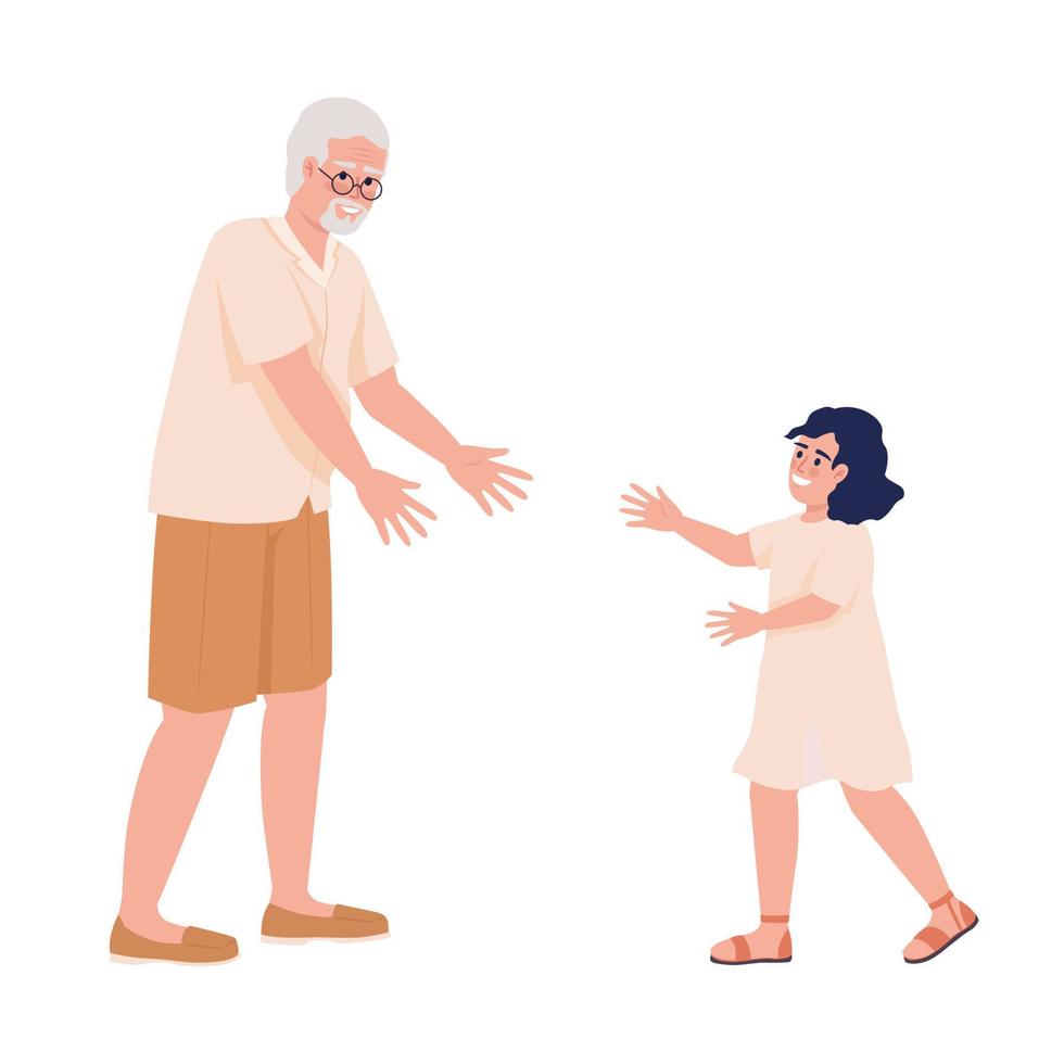 grand-père étendant les mains aux personnages vectoriels de couleur semi-plats de l'enfant de sexe féminin. chiffres modifiables. personnes de tout le corps sur blanc. illustration de style dessin animé simple pour la conception graphique et l'animation web vecteur