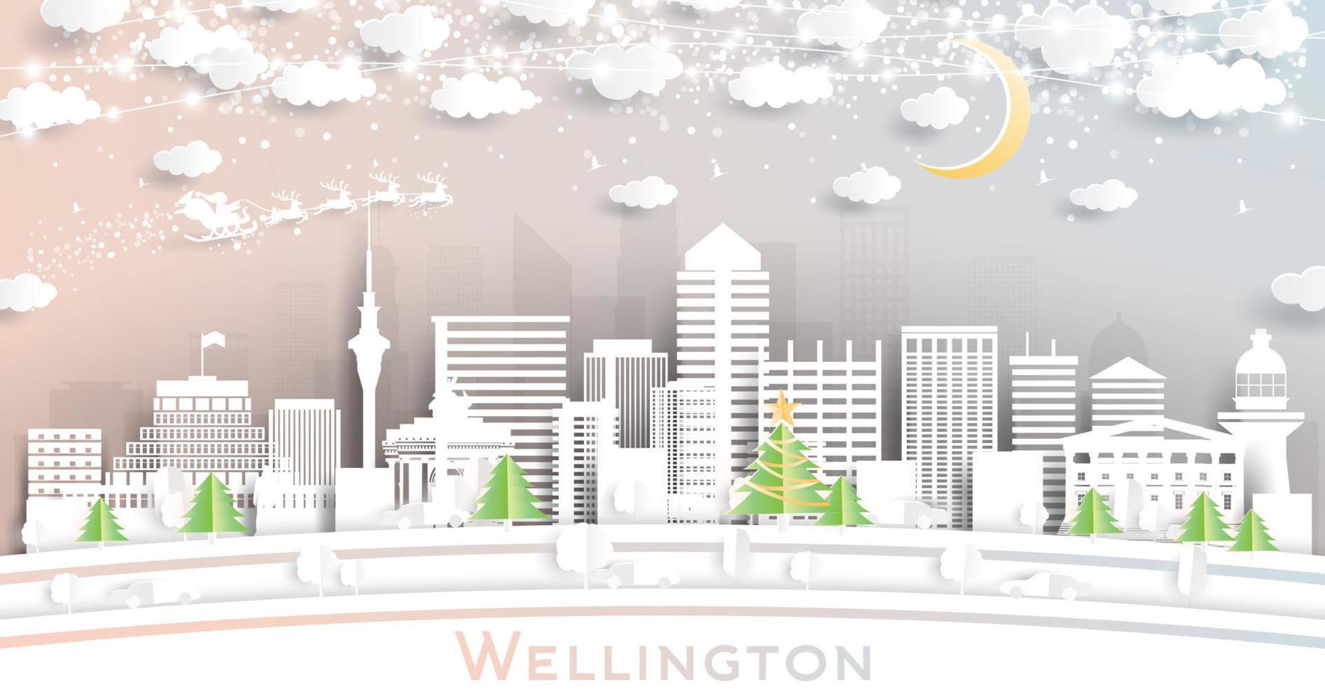 horizon de la ville de wellington en nouvelle-zélande dans un style découpé en papier avec des flocons de neige, une lune et une guirlande de néons. vecteur