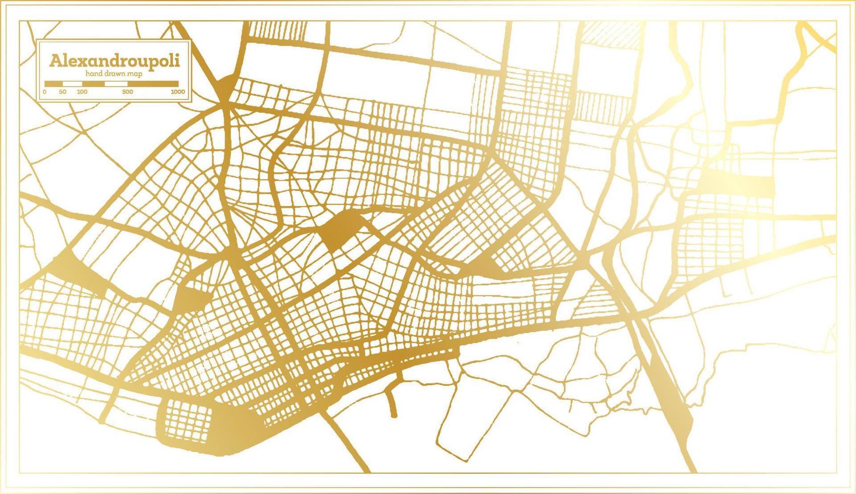 plan de la ville d'alexandroupoli en grèce dans un style rétro de couleur dorée. carte muette. vecteur