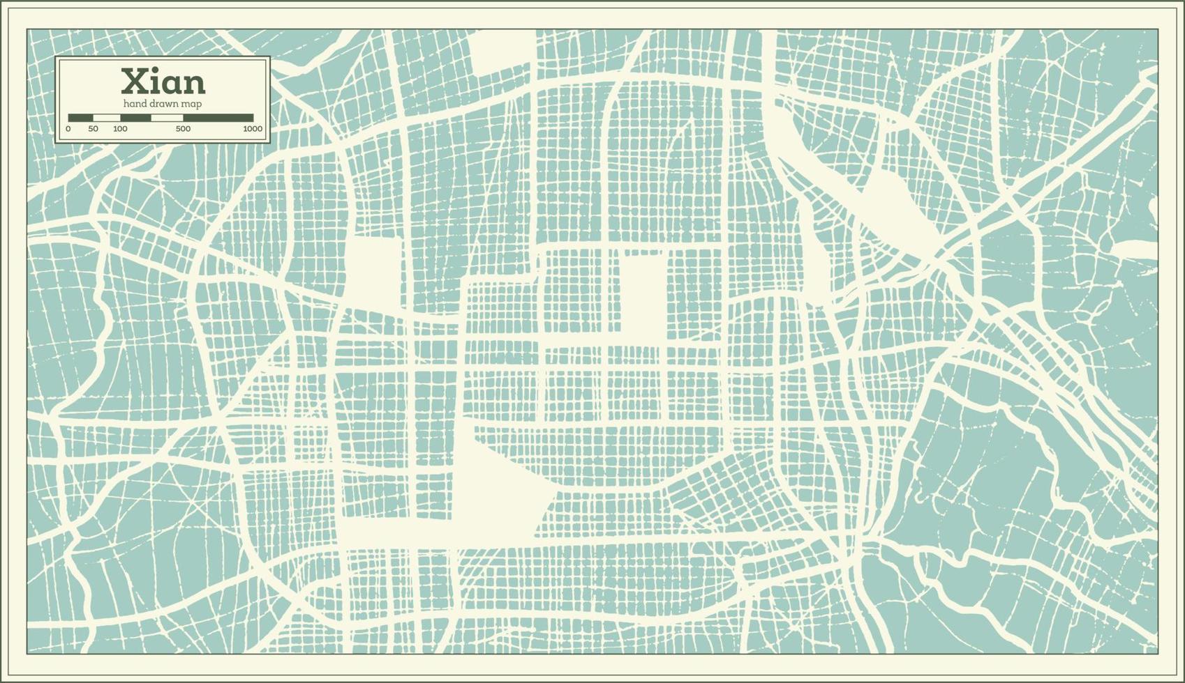 plan de la ville de xian en chine dans un style rétro. carte muette. vecteur