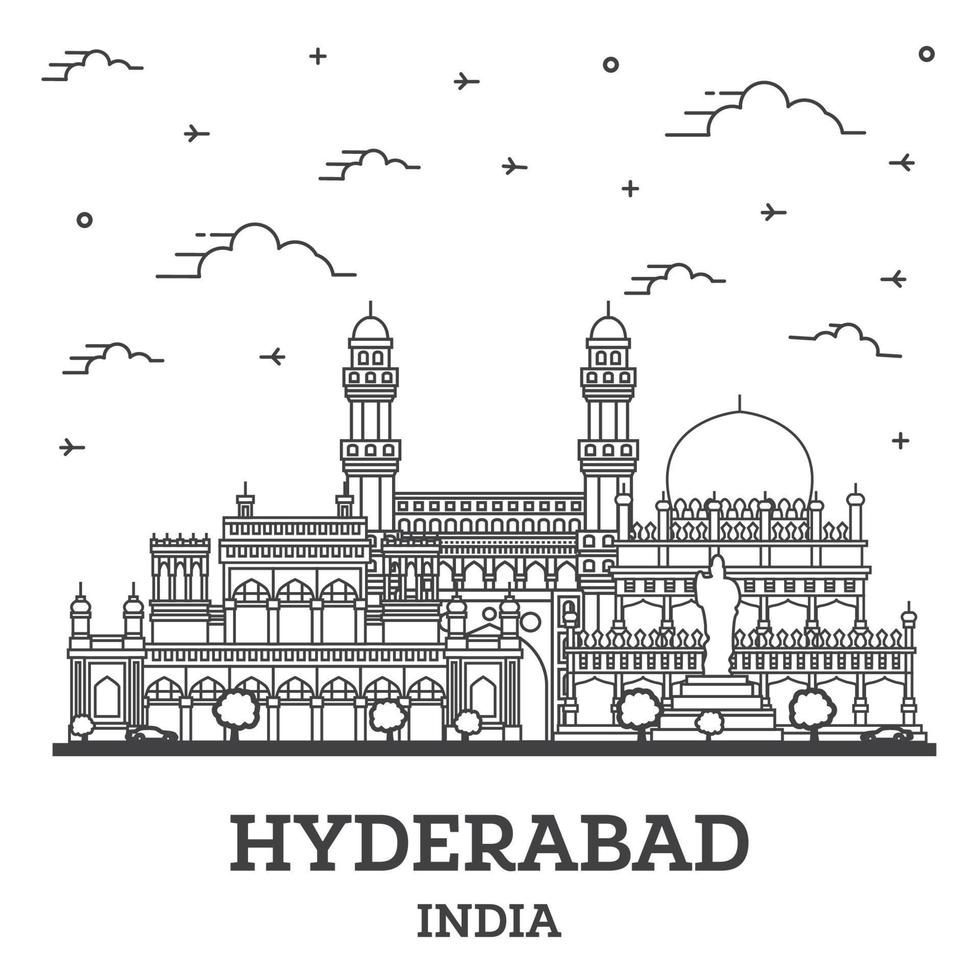 Décrire les toits de la ville d'hyderabad en Inde avec des bâtiments historiques isolés sur blanc. vecteur