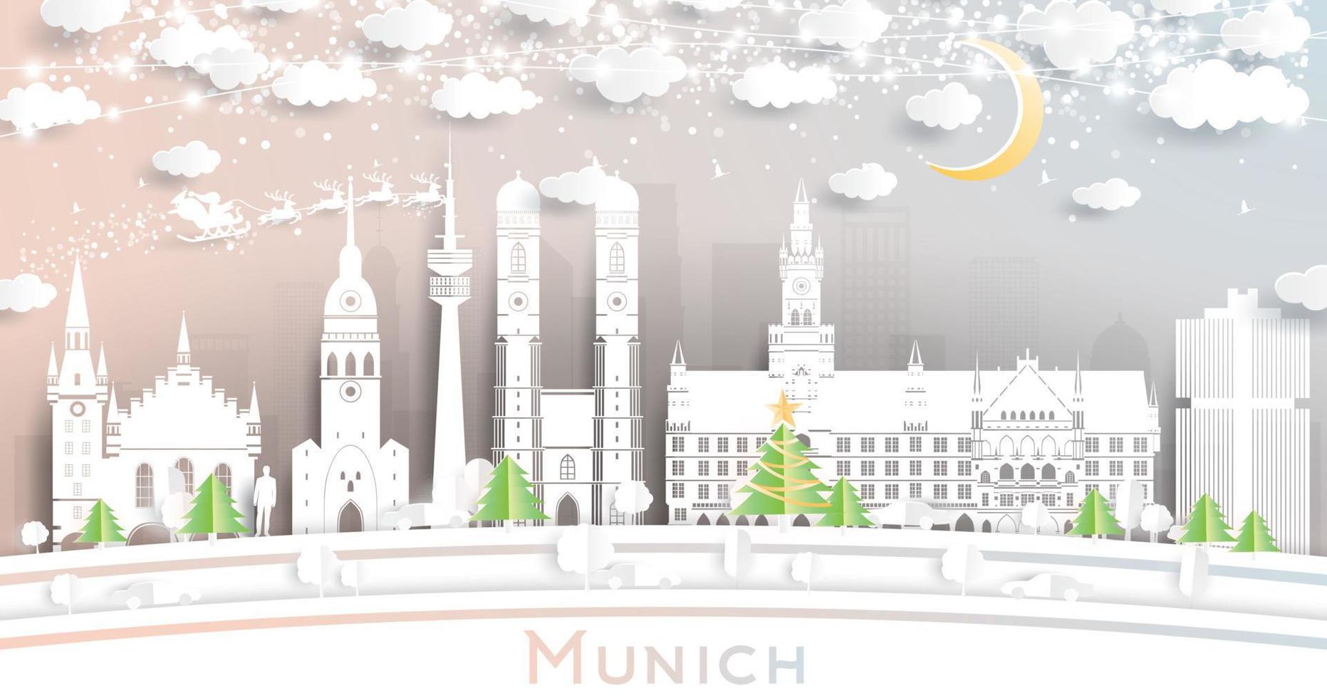 horizon de la ville de munich en allemagne dans un style papier découpé avec des flocons de neige, une lune et une guirlande de néons. vecteur