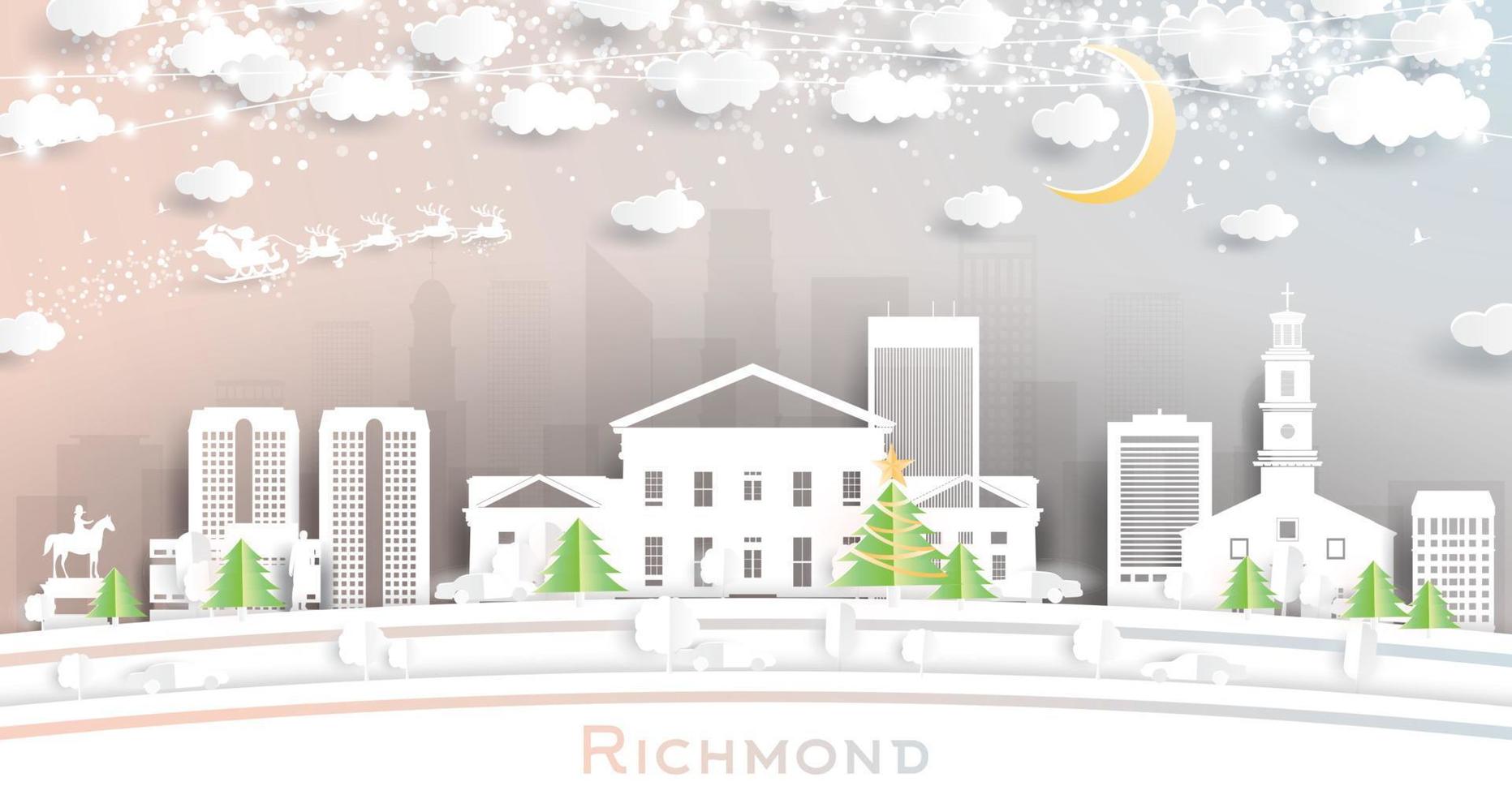 horizon de la ville de richmond en virginie dans un style découpé en papier avec des flocons de neige, une lune et une guirlande de néons. vecteur