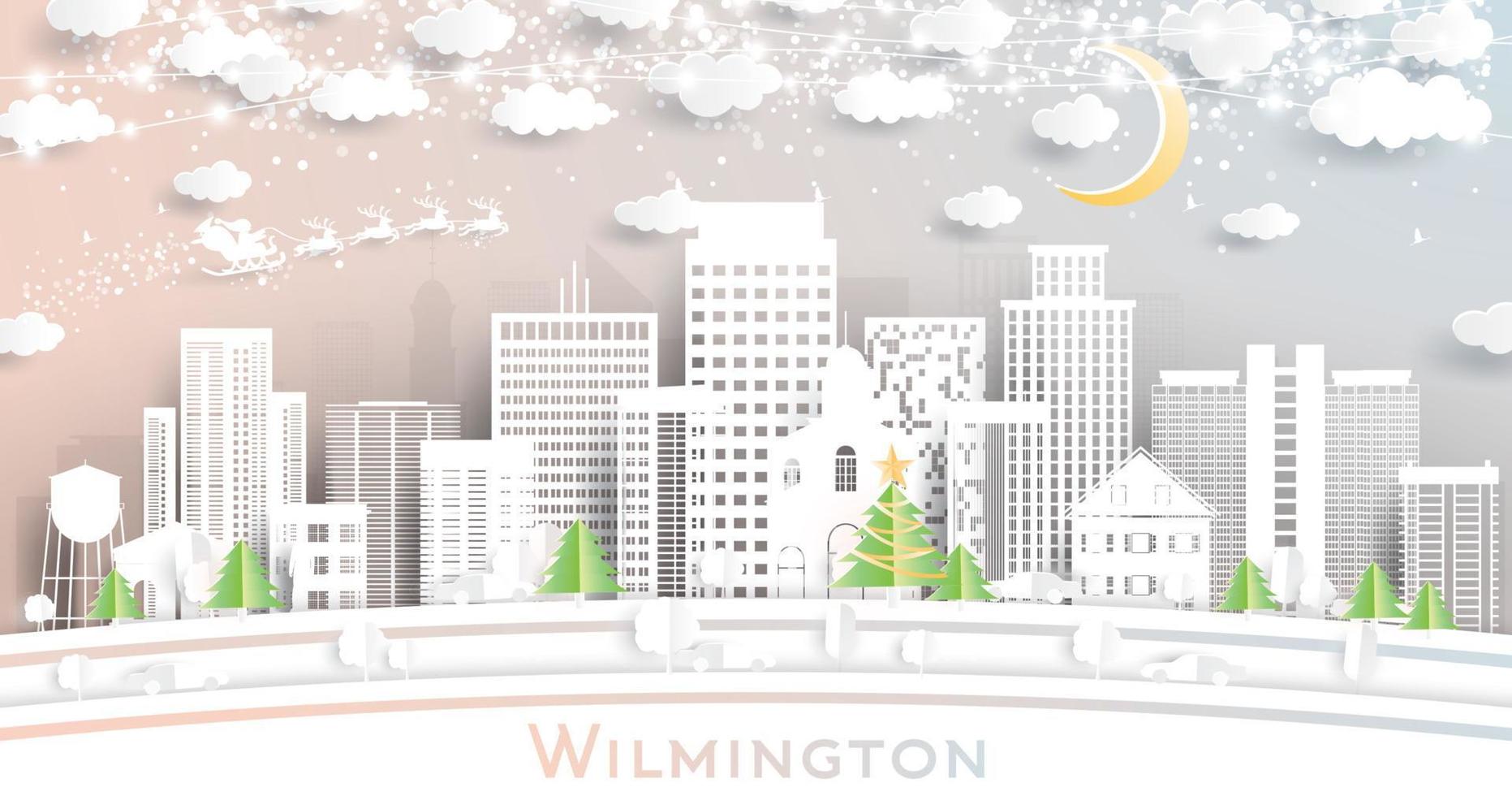 wilmington delaware usa toits de la ville en papier découpé avec guirlande de flocons de neige, de lune et de néon. vecteur