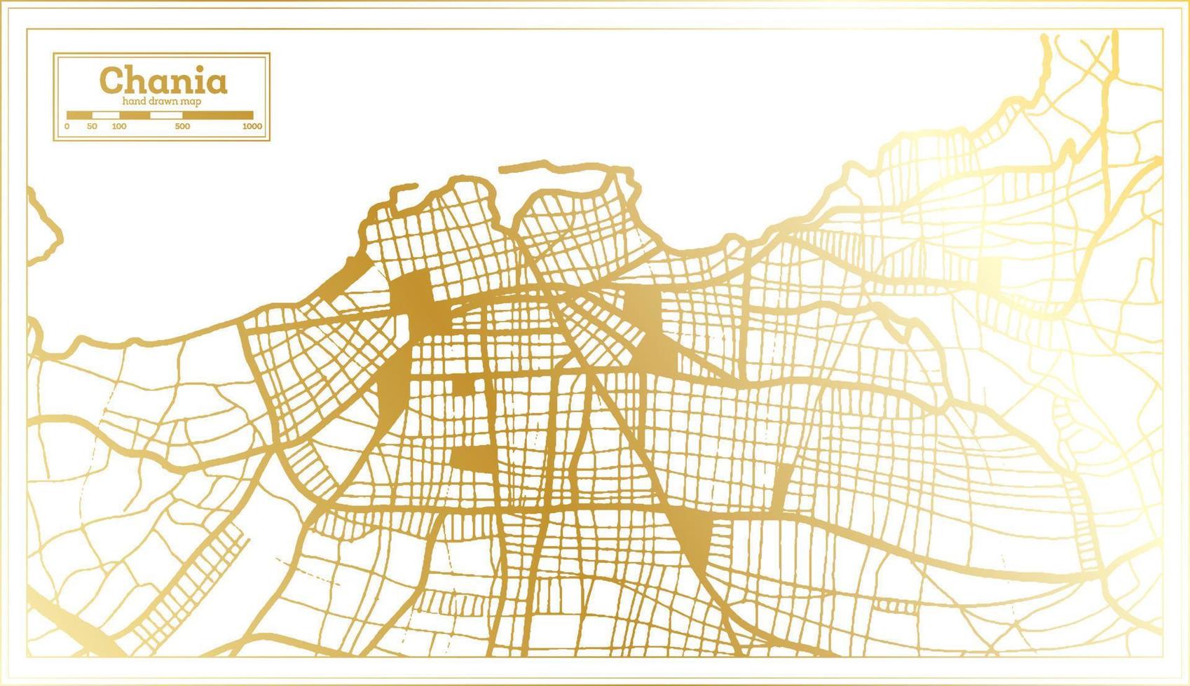 carte de la ville de chania grèce dans un style rétro de couleur dorée. carte muette. vecteur